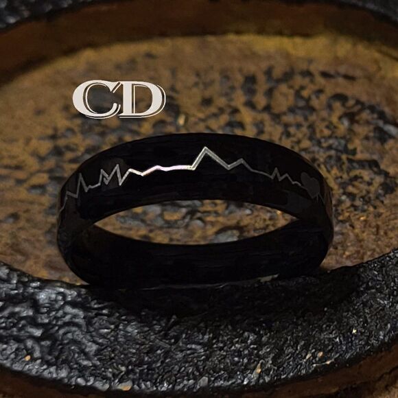 Men's Black Heartbeat Wedding Ring Band  - Heartbeat Wedding Ring For Him - Picture 1 of 7